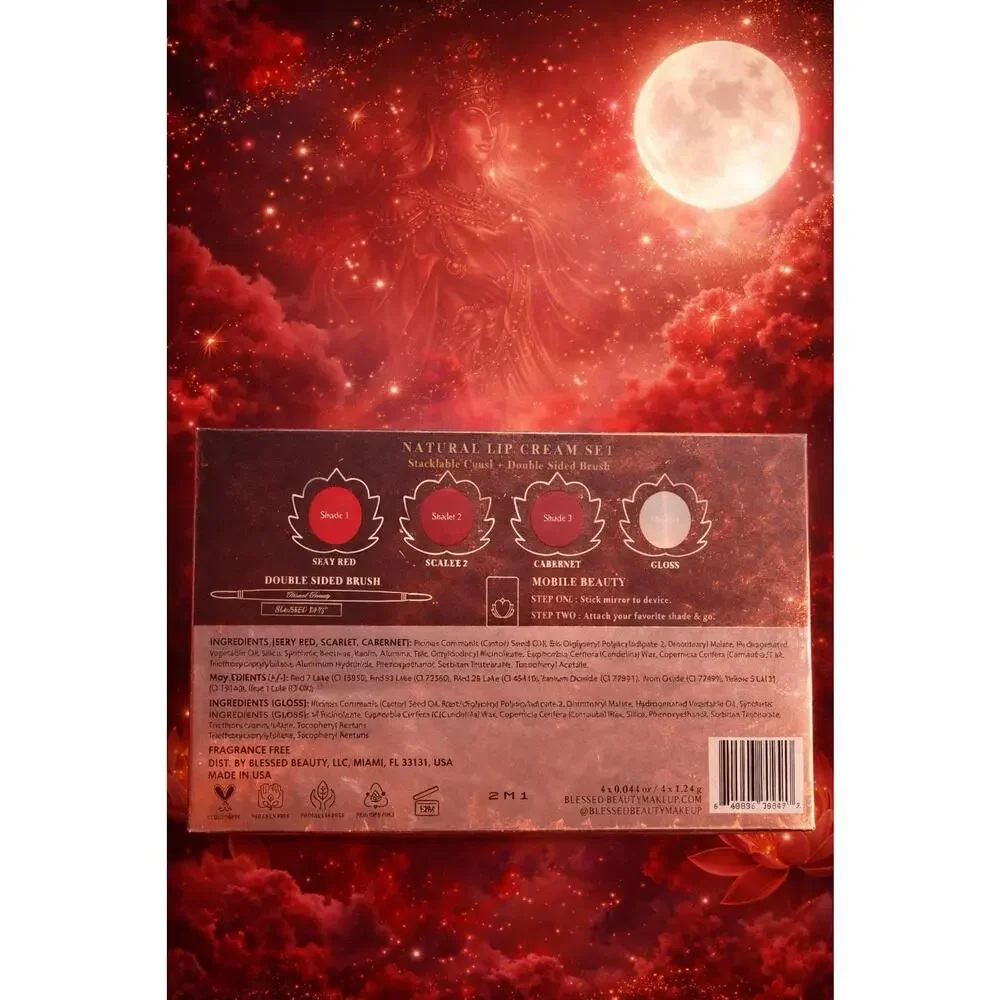 Blessed Beauty Goddess Reds Natural Lip Cream Set 3 Reds + Clear Gloss Quad
